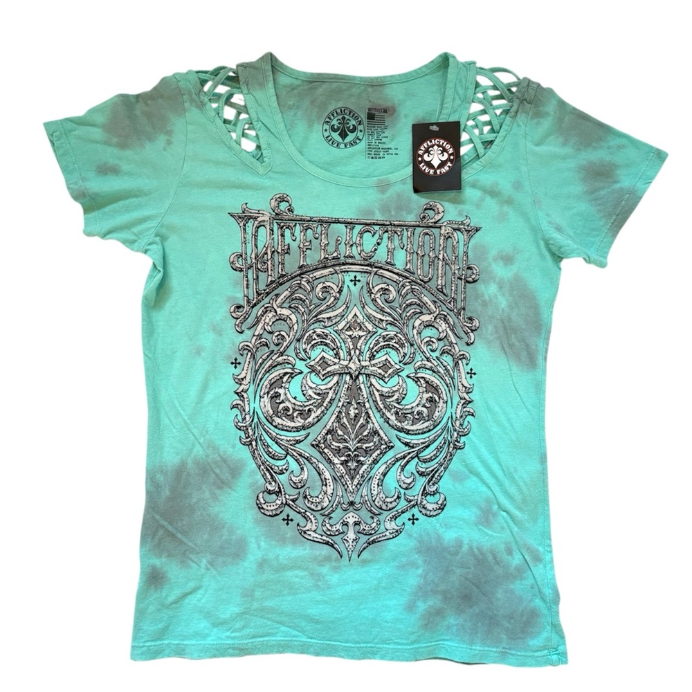 NWT Affliction Woman’s Medium Teal Rhinestone T-Shirt With Cut Out Shoulders